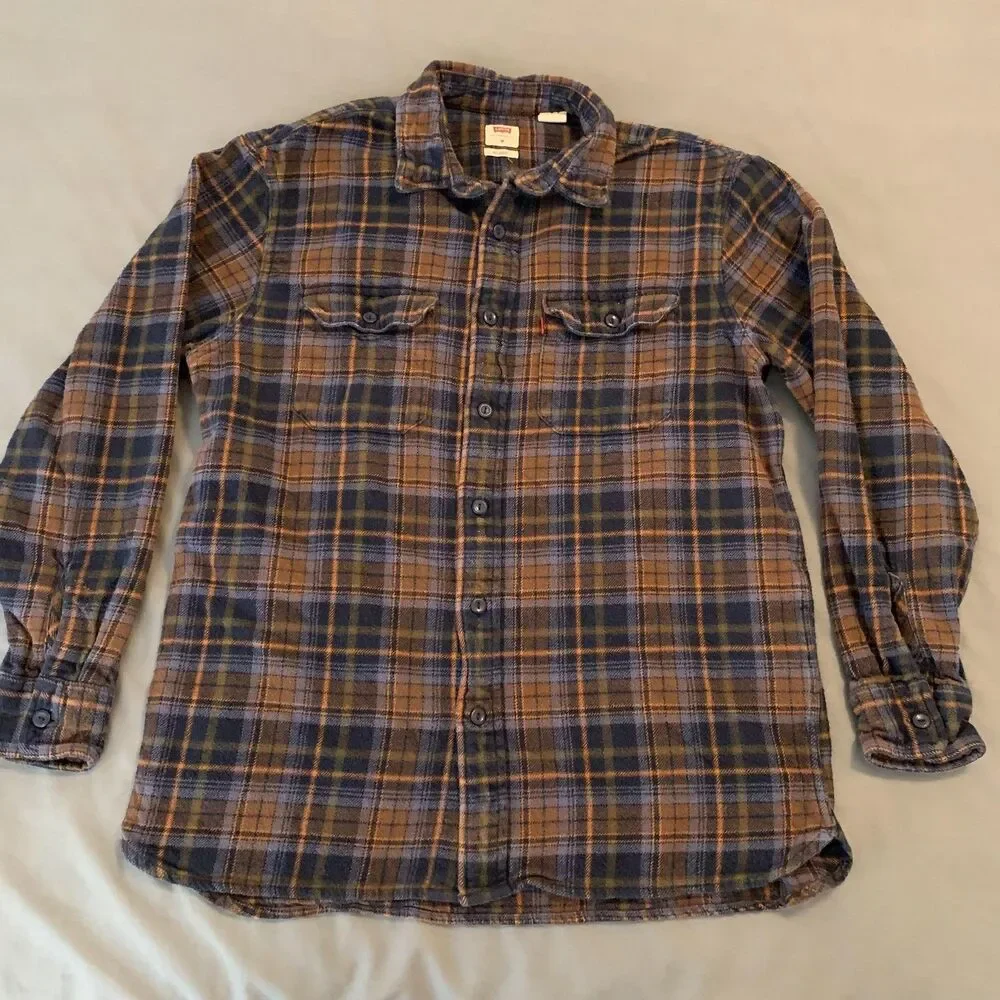 Levis Shirt Mens Medium Blue Brown Plaid‎ Flannel Button Front Relaxed Fit